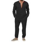 Herren lässiges Leinen-Outfit mit tiefem V-Ausschnitt und elastischem Bund R&B