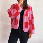 Damen lässige Strickjacke mit Karomuster und voluminösen Ärmeln R&B