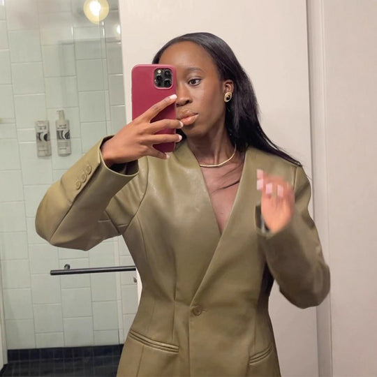 Damen elegante Kunstlederblazer mit tailliertem Schnitt R&B