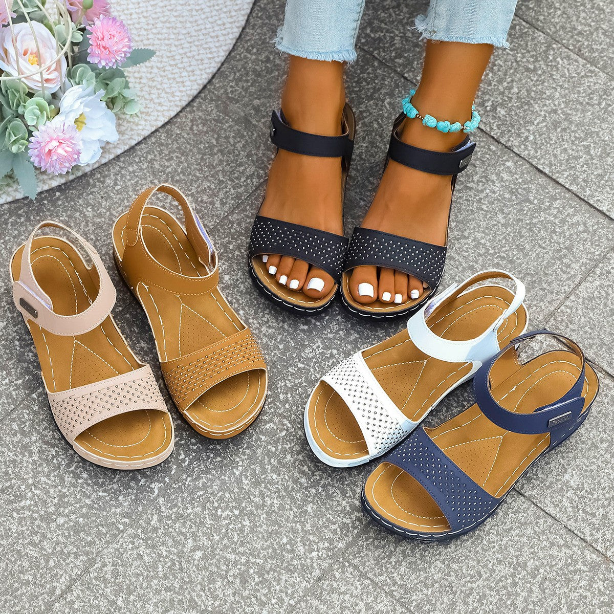 Damen Komfortable Sandalen mit verstellbarem Riemen und rutschfester Sohle R&B