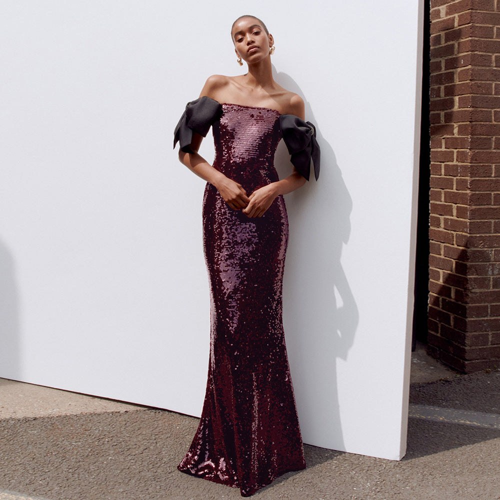 Damen Elegantes Pailletten-Maxikleid mit schulterfreiem Design und dekorativen Schleifen R&B