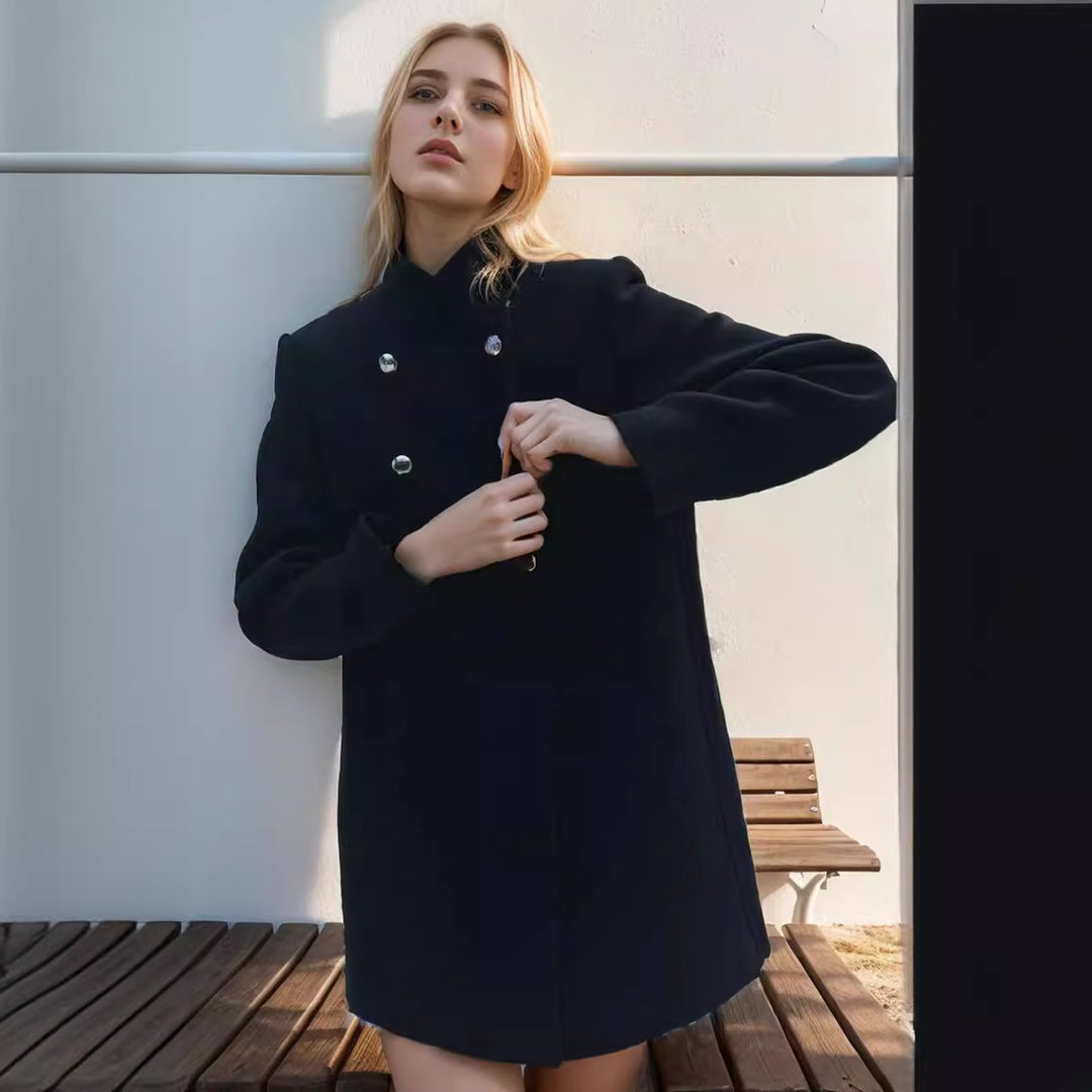 Damen modischer kurzer Mantel mit doppelter Knopfreihe und eleganter Stehkragen R&B