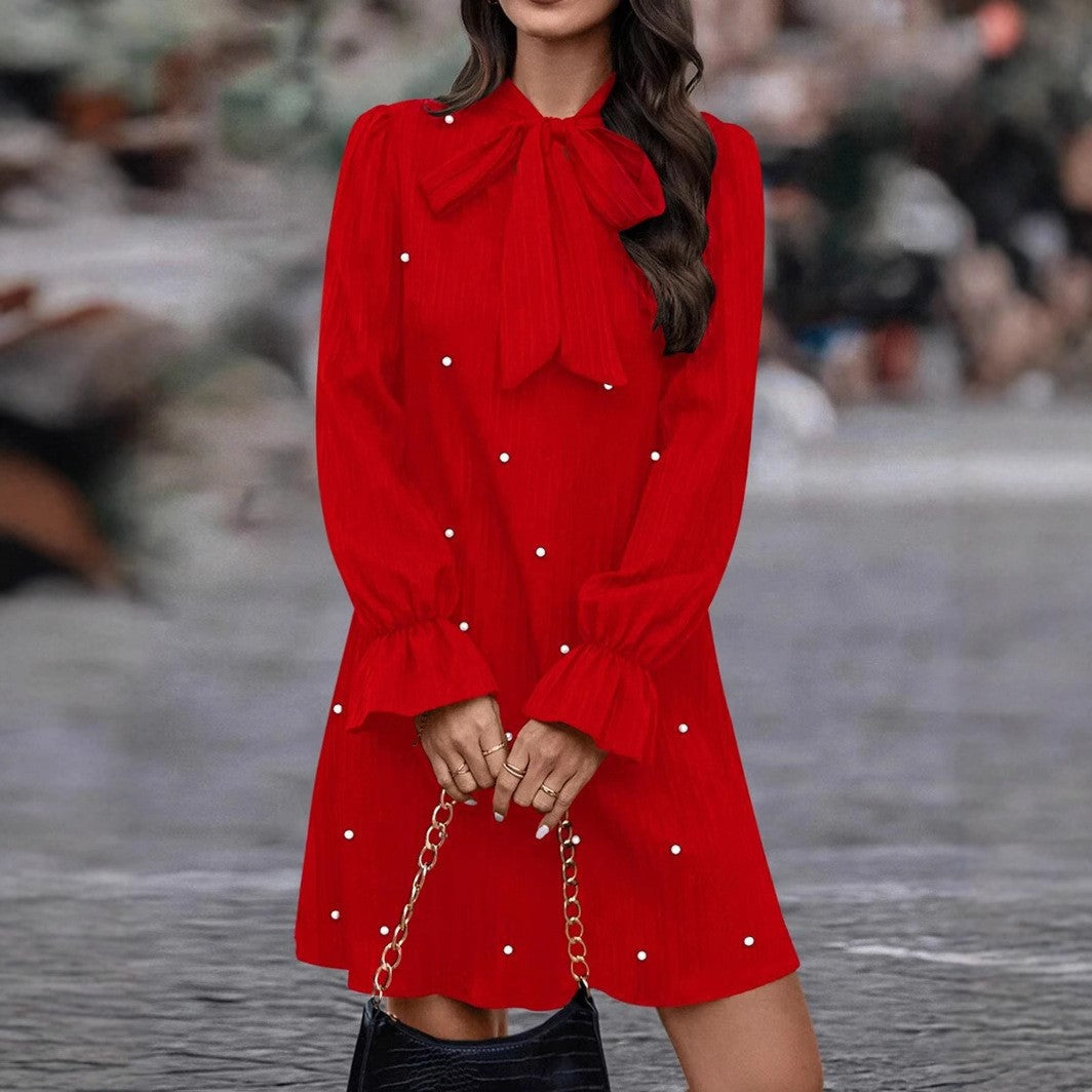 Damen elegantes Kleid mit Schleifenkragen und Pünktchen-Applikationen R&B