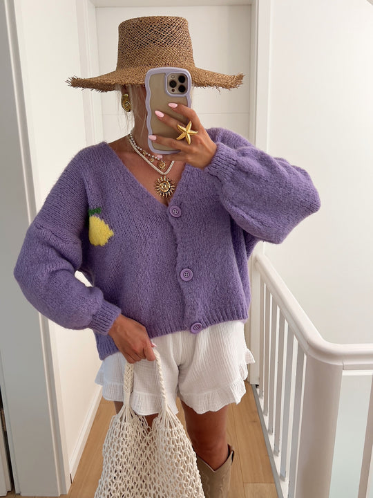 Damen Grober Strickcardigan mit einzigartigem Zitronenmotiv und knopfbarem Verschluss R&B