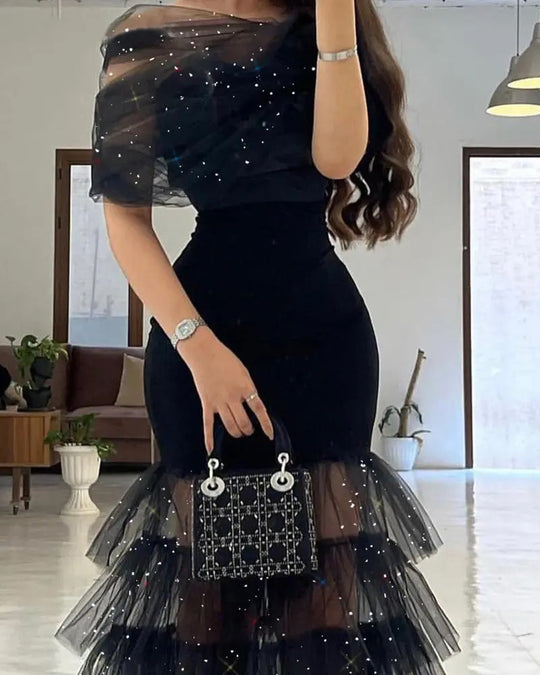 Damen Elegantes Abendkleid mit schimmernden Tülllagen und transparenter Schulterpartie R&B
