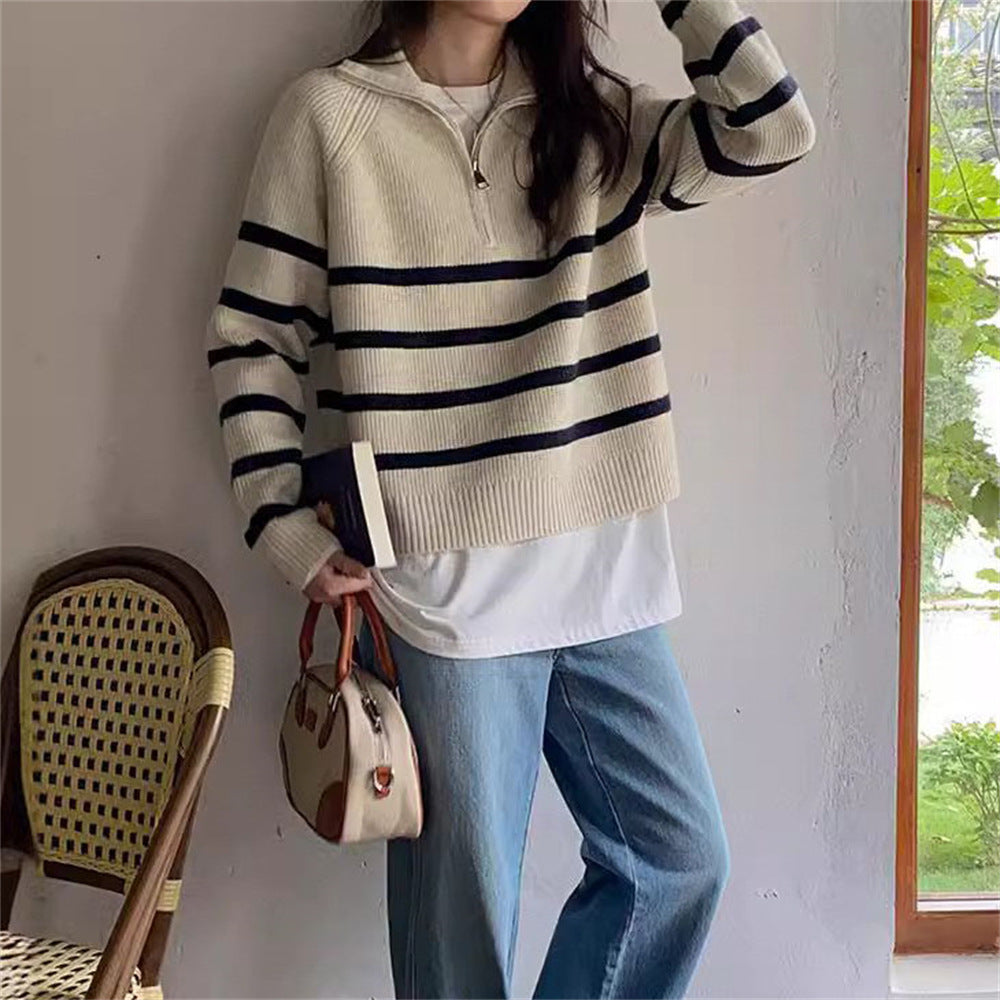 Damen Modischer Strickpullover mit Zip und gestreiftem Design R&B