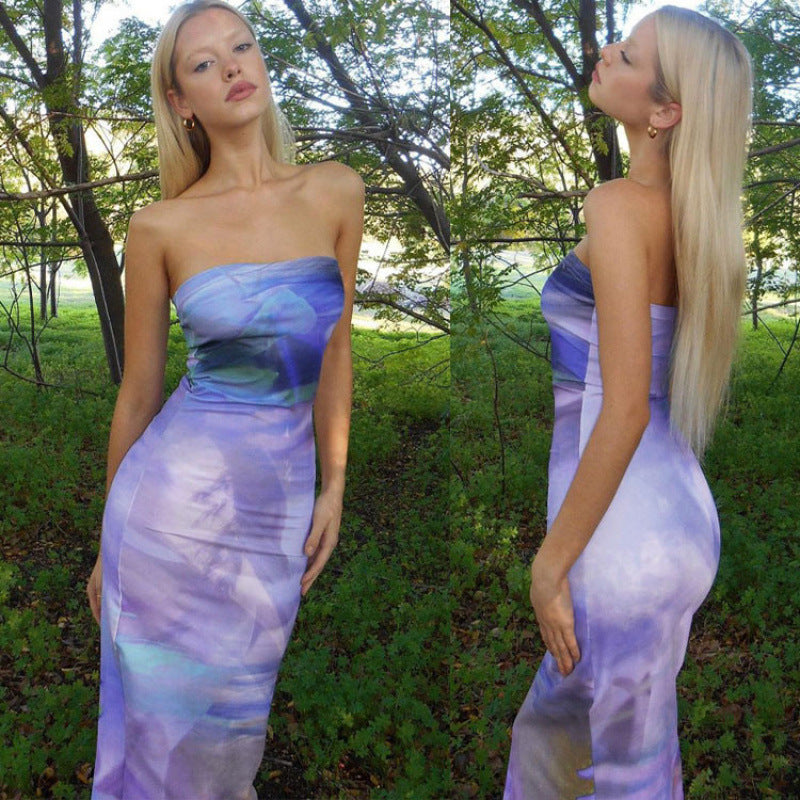 Damen Maxi Kleid mit schulterfreiem Design und fließendem Stoff R&B