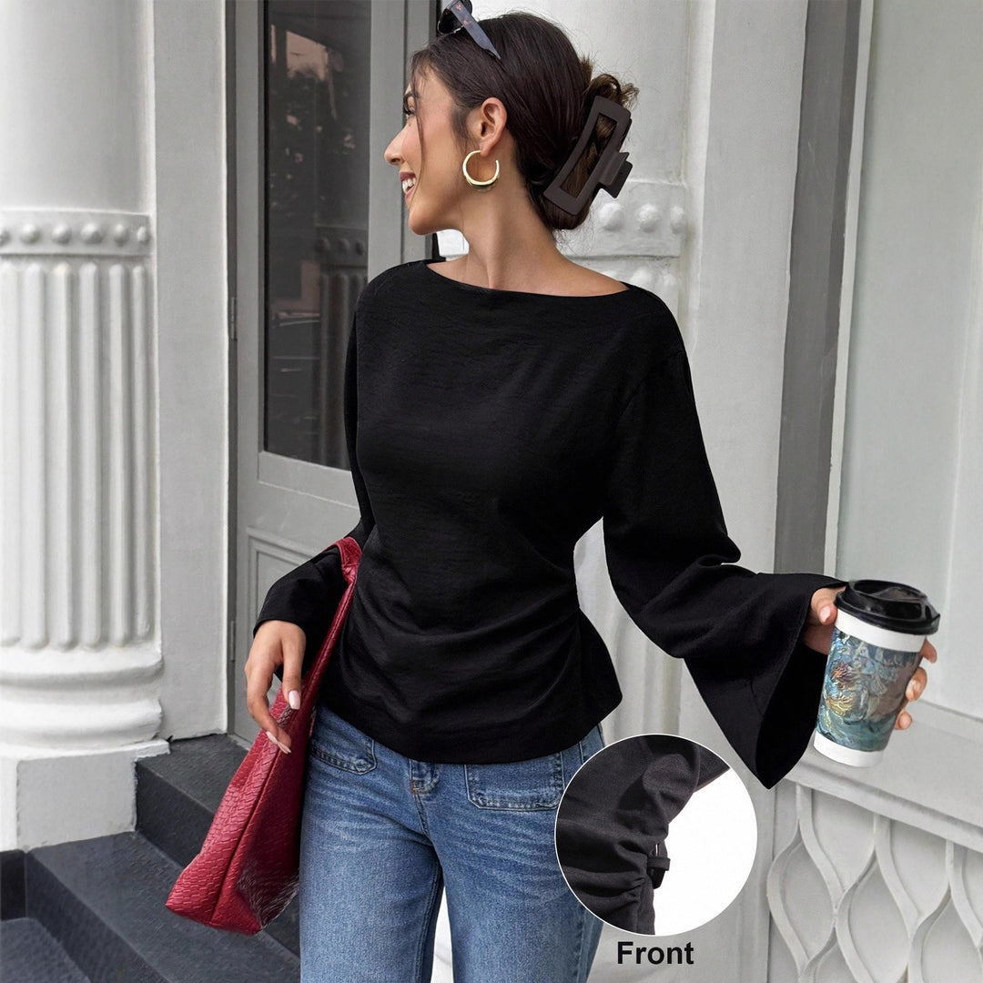 Damen elegantes Oberteil mit weitem Ärmel und schickem Bund R&B