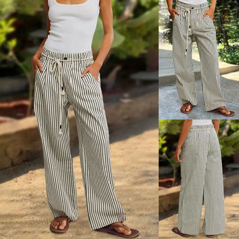Damen lässige weite Hose im Streifenlook mit elastischem Bund und Bindegürtel R&B