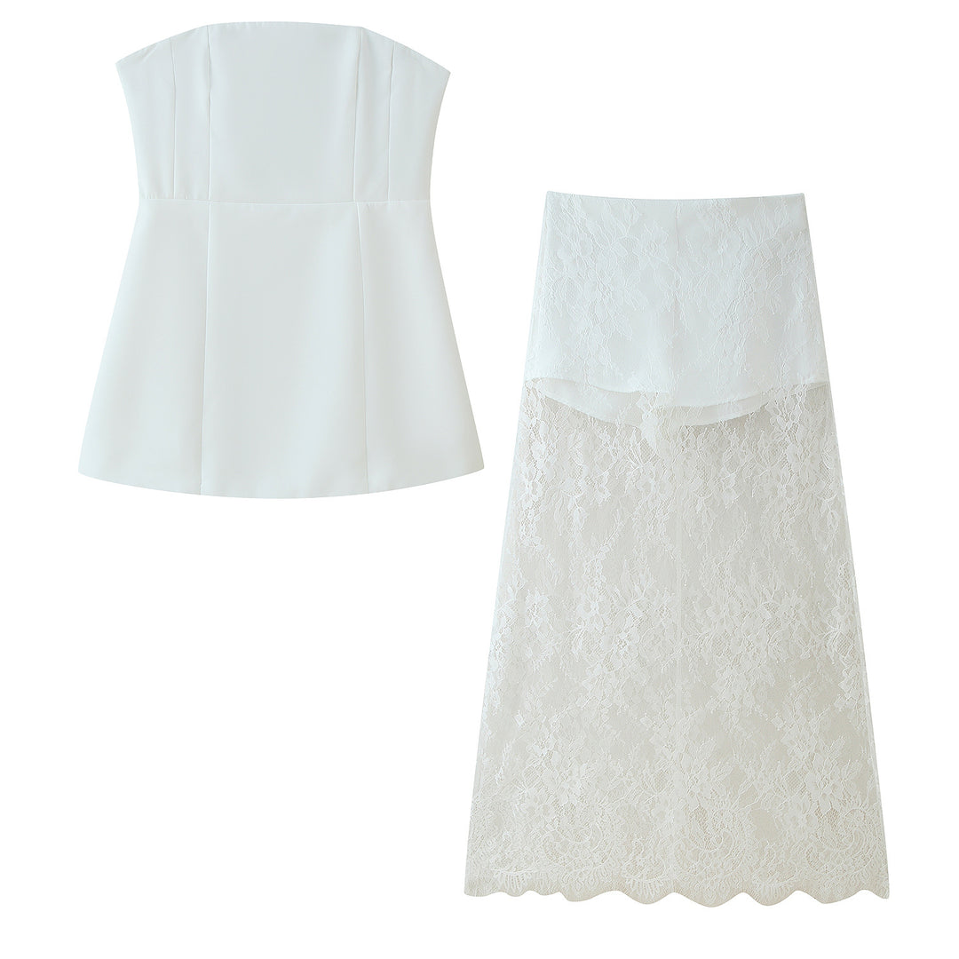 Damen Crop-Top und langer Spitzenrock Set R&B
