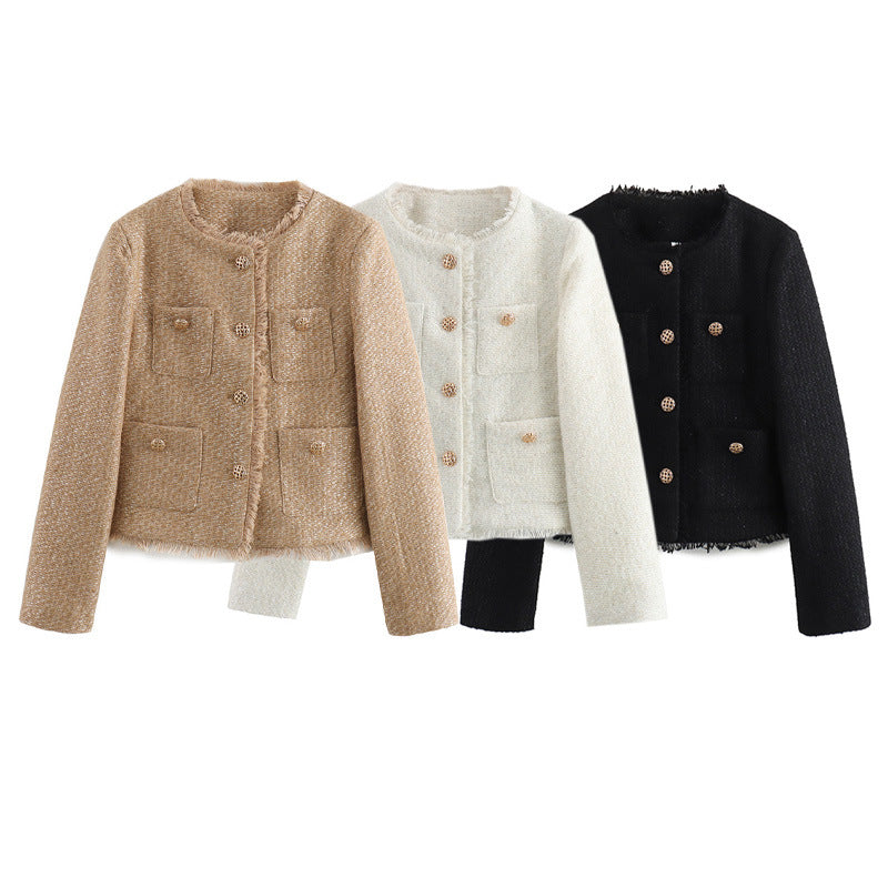 Damen elegante Tweedjacke mit Fransen und praktischen Taschen R&B