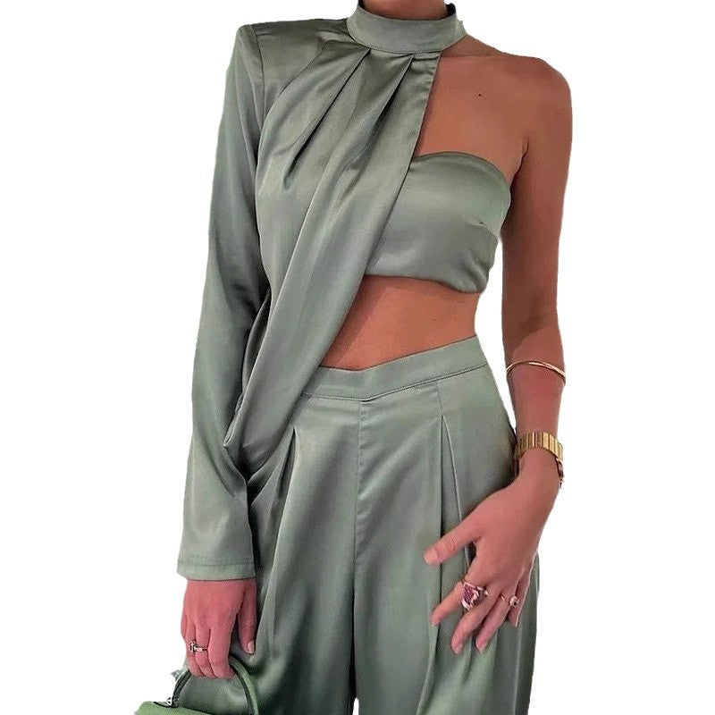 Damen Elegantes Zweiteiliges Set mit asymmetrischem Oberteil und weit geschnittener Hose R&B