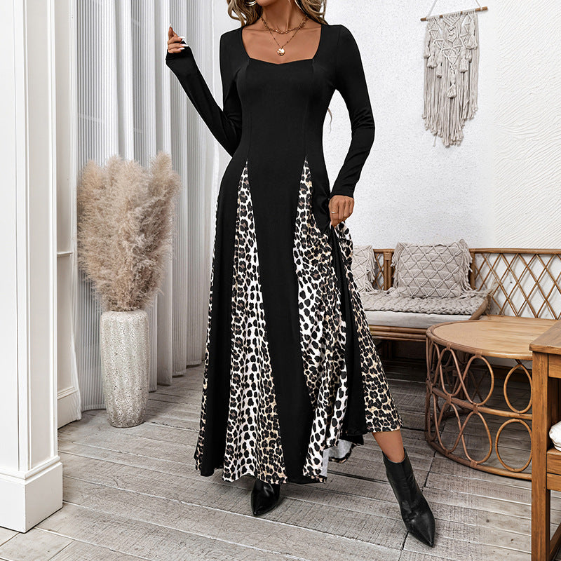 Damen Elegantes Maxikleid mit modischem Tiermuster und langem Arm R&B
