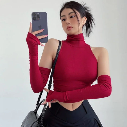 Damen Langarm Crop-Top mit Stehkragen und figurbetontem Schnitt R&B