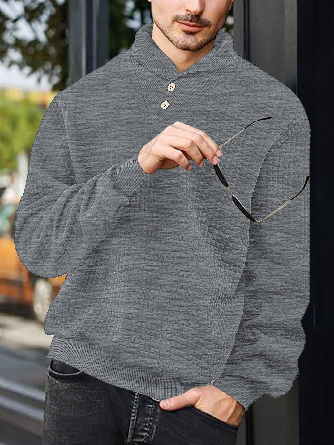 Herren nan eleganter Strickpullover mit Schalkragen, Knopfleiste am Ausschnitt und Karo-Waffelstruktur R&B