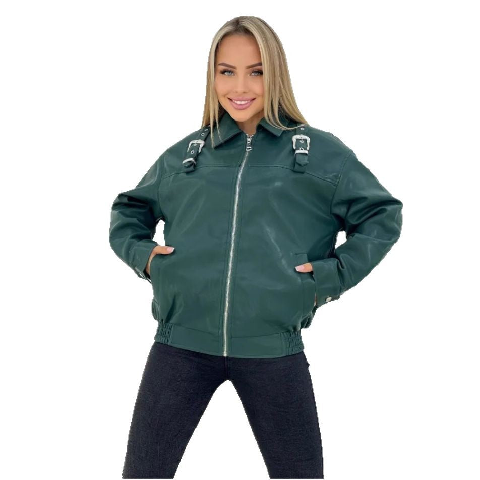 Damen modische Kunstlederjacke im lässigen Stil mit dekorativen Details R&B