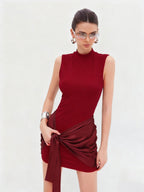 Damen figurbetontes Minikleid mit elegantem Wickel-Design und hochgeschlossenem Kragen R&B