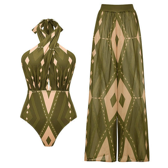 Damen Einteiler Badeanzug mit voluminösem Rüschendesign und passendem Stoffhose R&B