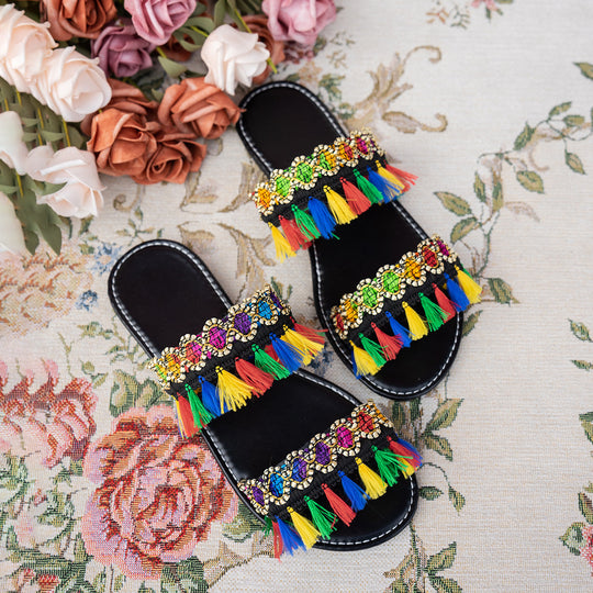 Damen Bunte Badeschuhe mit auffälligen Quasten und Schmuckverzierung R&B