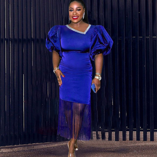 Damen figurbetontes Kleid mit voluminösen Puffärmeln und Fransen R&B