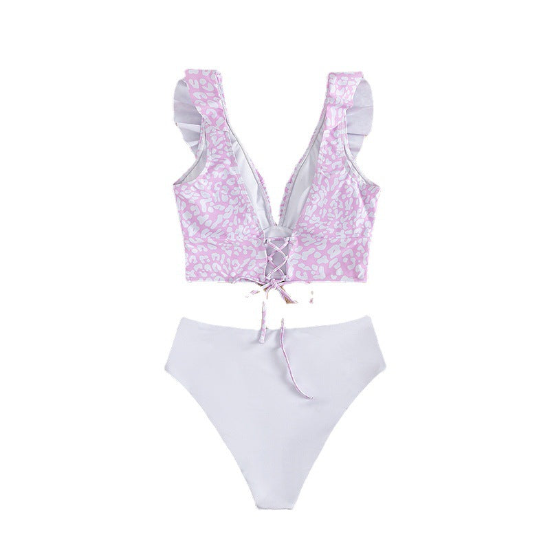 Damen Triangel-Bikini mit modischem Leopardenmuster und Rüschendetails