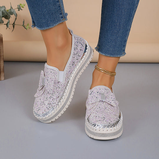 Damen modische Slip-On Sneakers mit glitzerndem Design und auffälliger Schleifenapplikation R&B