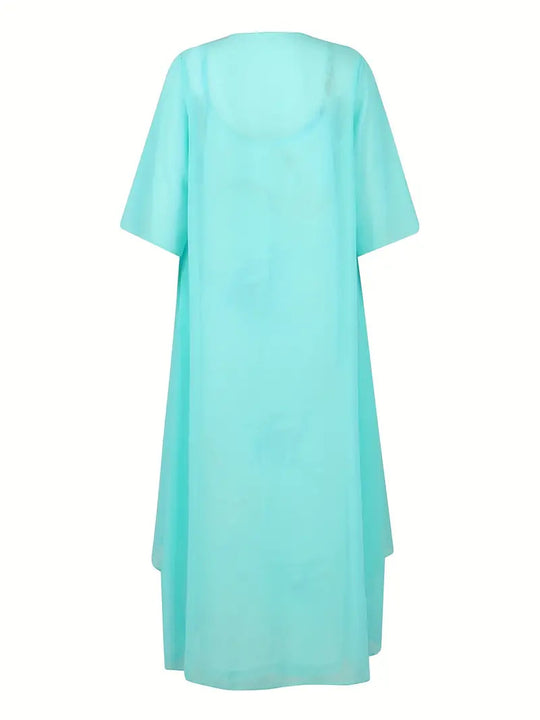 Damen festliches Maxikleid mit künstlerischem Marmormuster und elegantem Überwurf R&B