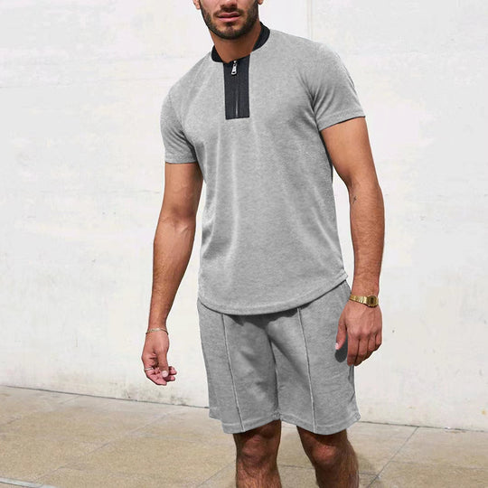 Herren Sportliches Kurzarm-T-Shirt mit Reißverschluss und Joggingshorts R&B