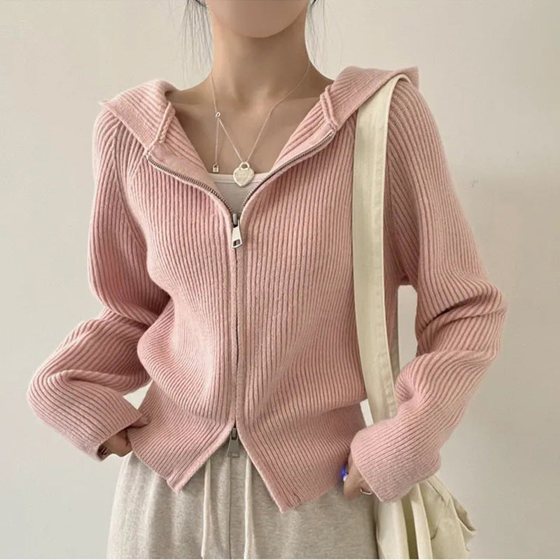 Damen lässige Strickjacke mit Kapuze und Reißverschluss R&B