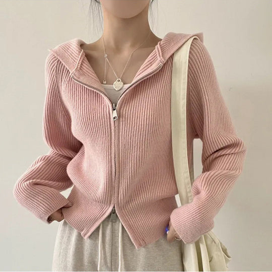 Damen lässige Strickjacke mit Kapuze und Reißverschluss R&B