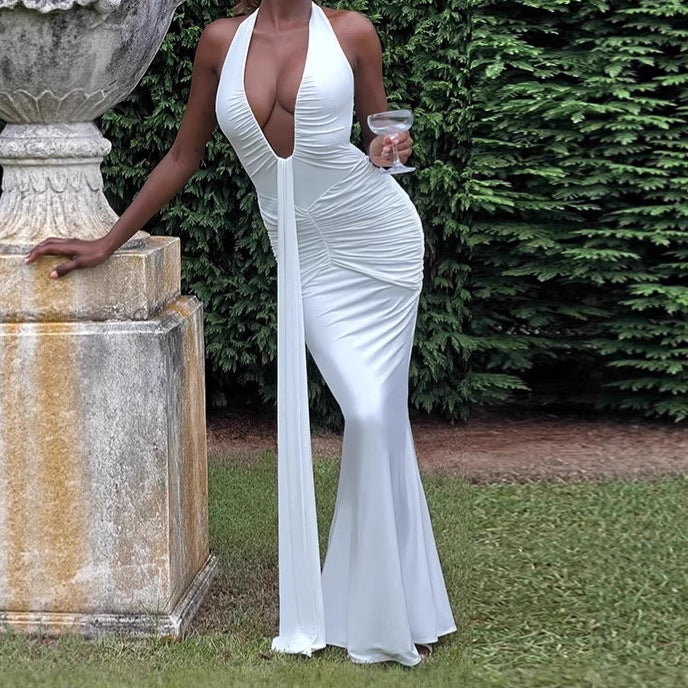 Damen Elegantes Maxikleid mit tiefem V-Ausschnitt und Raffungen R&B