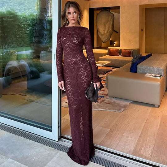 Damen Elegantes Spitzenmaxikleid mit langen Ärmeln R&B