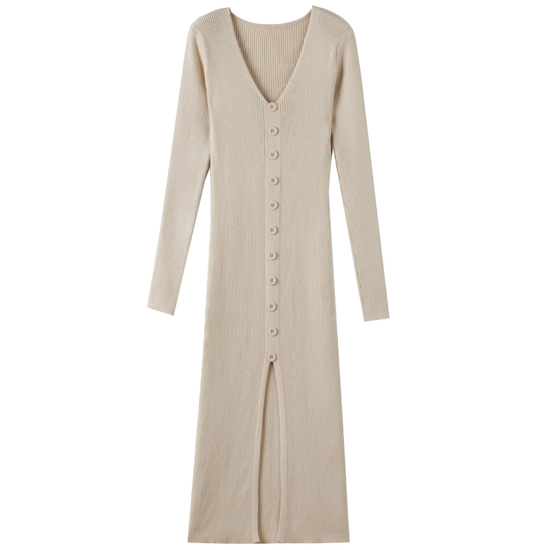 Damen Langes Strickkleid mit V-Ausschnitt und durchgehender Knopfleiste R&B