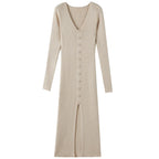 Damen Langes Strickkleid mit V-Ausschnitt und durchgehender Knopfleiste
