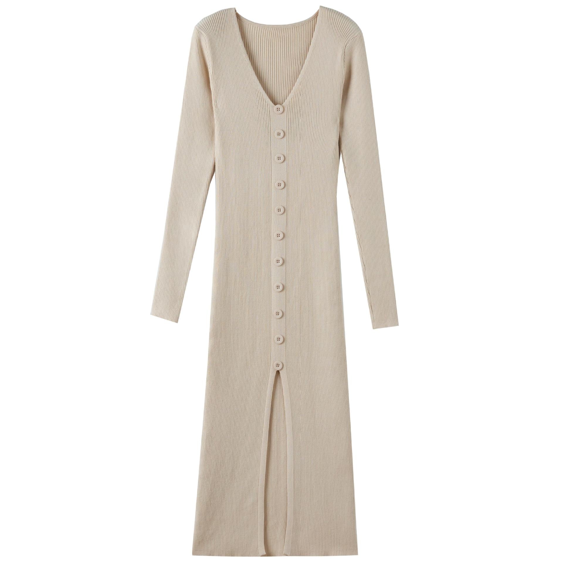 Damen Langes Strickkleid mit V-Ausschnitt und durchgehender Knopfleiste
