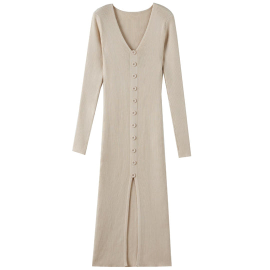 Damen Langärmliges Maxikleid mit Rippstruktur und Knopfdetail R&B