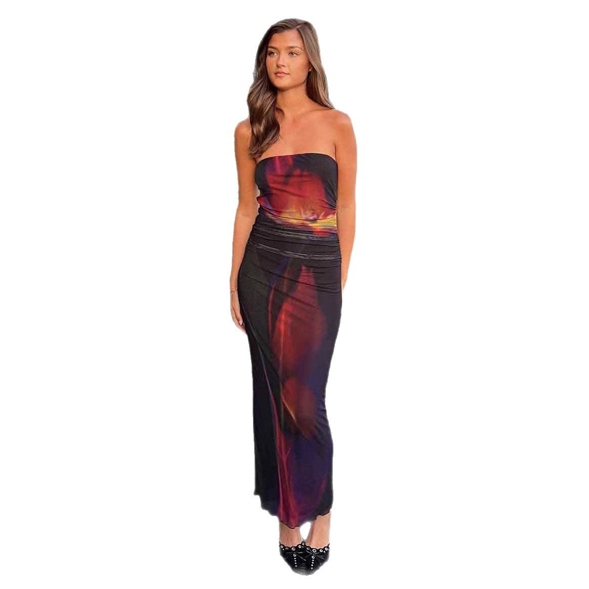 Damen figurbetontes Maxikleid mit strapazierfähigem Stretchstoff und floralem Design R&B