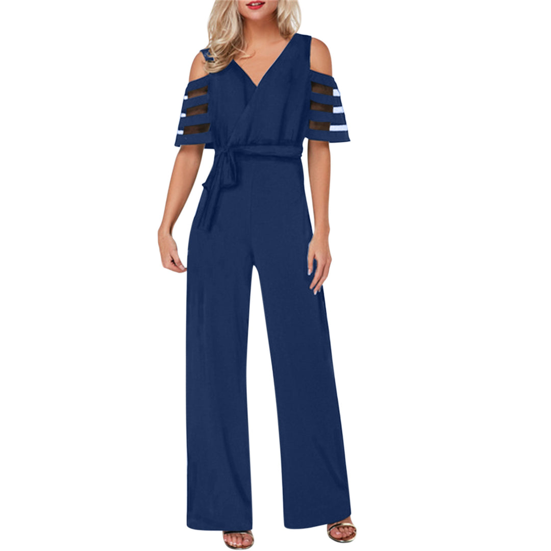Damen Eleganter Jumpsuit mit transparenten Ärmel-Details und Taillengürtel R&B