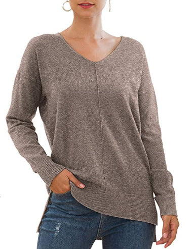 Damen eleganter V-Ausschnitt Pullover mit asymmetrischem Saum R&B