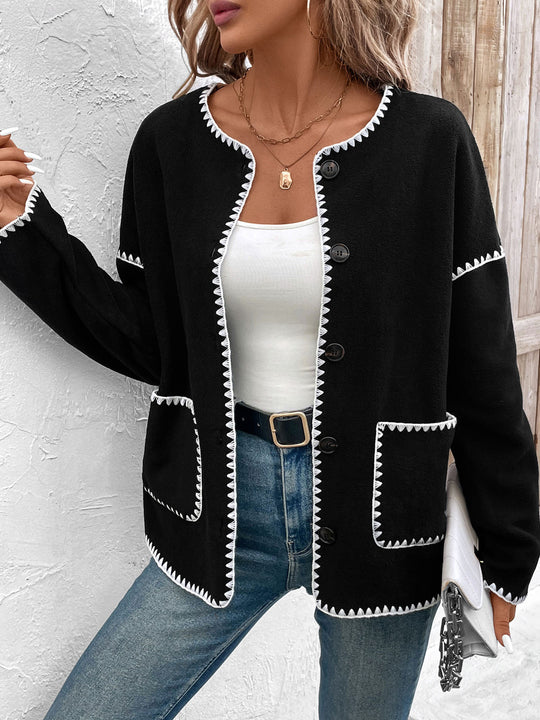 Damen modische Strickjacke mit dekorativem Kontrastbesatz und großen Taschen R&B