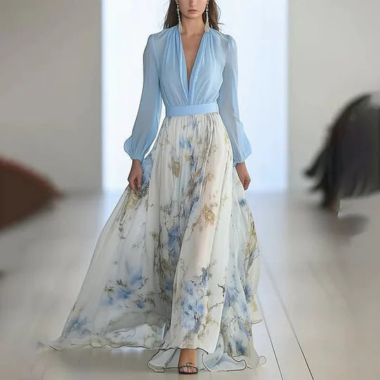 Damen nan fließendes Chiffon-Maxikleid mit tiefem V-Ausschnitt, tailliertem Bund und langem Glockenrock R&B