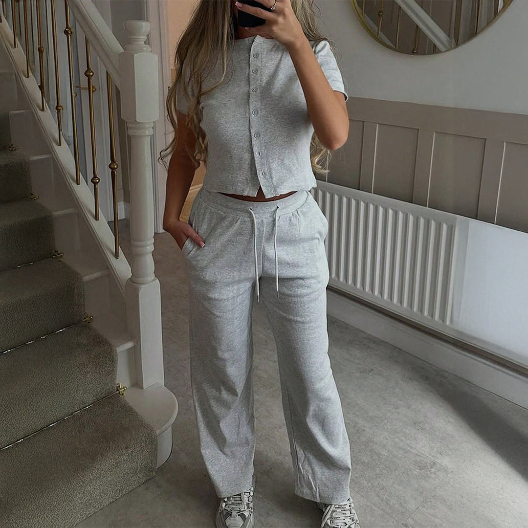 Damen Bequemes Zweiteiliges Set mit Kurzarmoberteil und lockerer Hose R&B