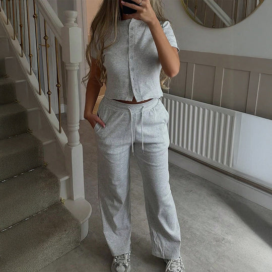 Damen Bequemes Zweiteiliges Set mit Kurzarmoberteil und lockerer Hose R&B