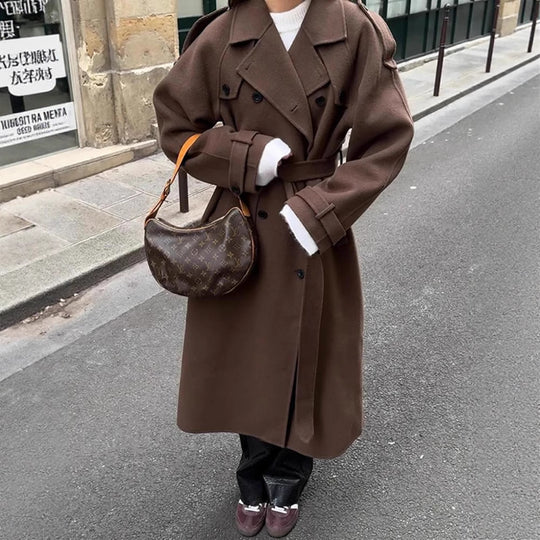 Damen Oversized Trenchcoat aus hochwertigem Wollgemisch mit doppelter Knopfleiste R&B