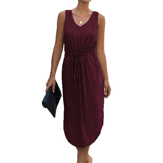 Damen lässiges Maxikleid mit V-Ausschnitt und elastischem Taillenbund R&B