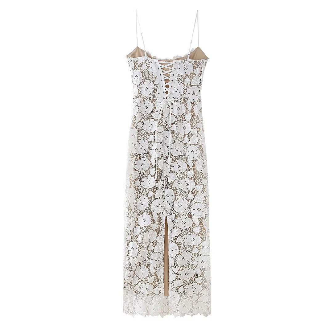 Damen Spitzenkleid mit zarten Spaghettiträgern und floralem Design R&B