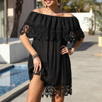Damen transparente Strandtunika mit elegantem Häkelbesatz R&B