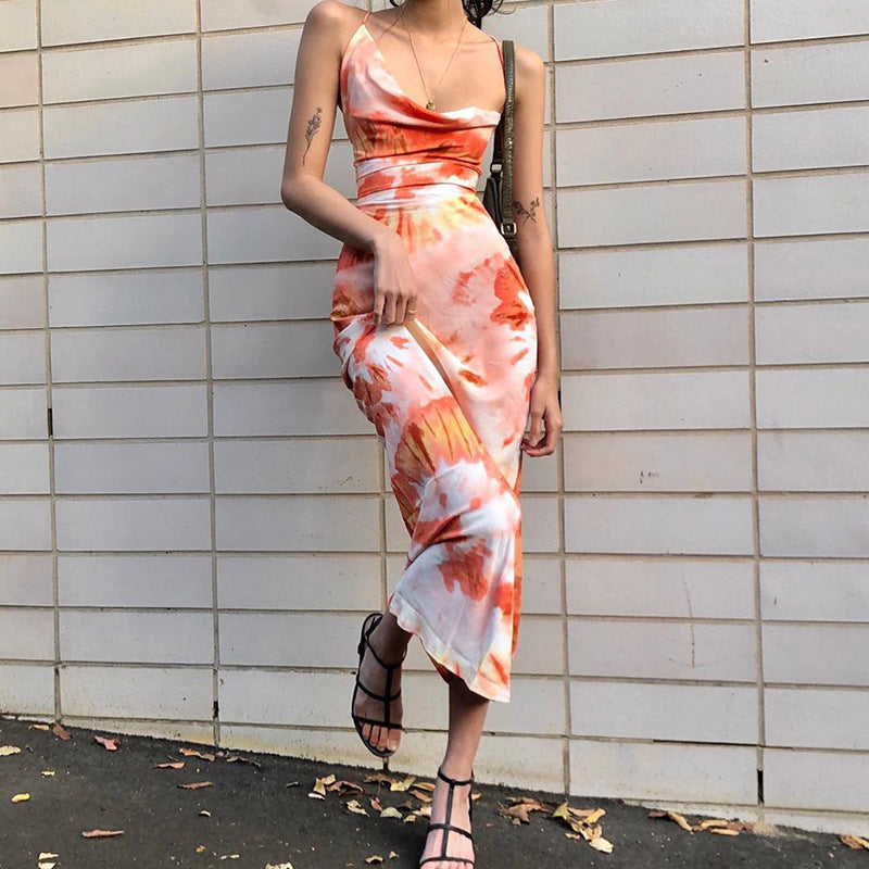 Damen langes Sommerkleid mit floralem Druck und verstellbaren Spaghettiträgern R&B