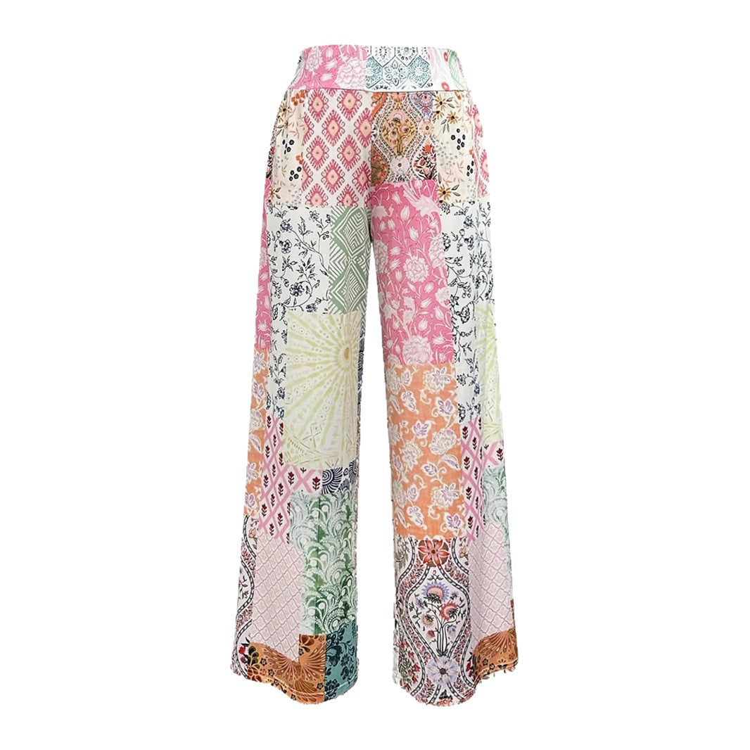 Damen Komfortable weite Stoffhose mit buntem Patchwork-Muster R&B