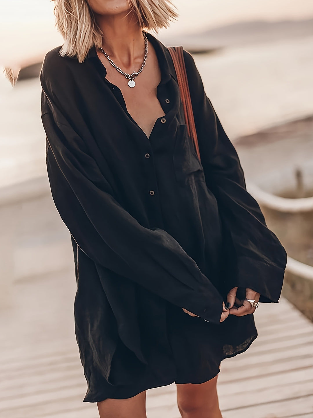 Damen lässige Oversized-Bluse aus Leinen R&B